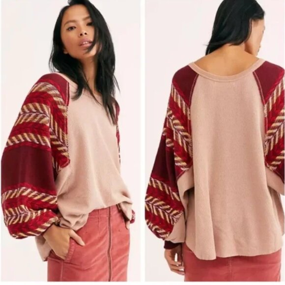 Free People Rainbow Dreams Pullover Knit Ballon Sleeve Pink Top Size Small - Picture 1 of 10
